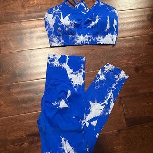 Blue and White Sports Bra and Leggings Set